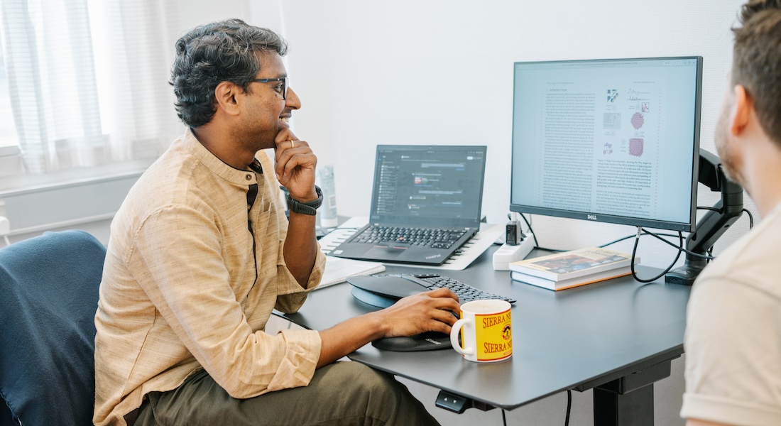 Researchers discussing work in office